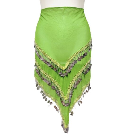 Green Hip Scarf 3 Cascading Rows of Silver Coins Long and Wide Sheer Wrap Skirt - Picture 1 of 4